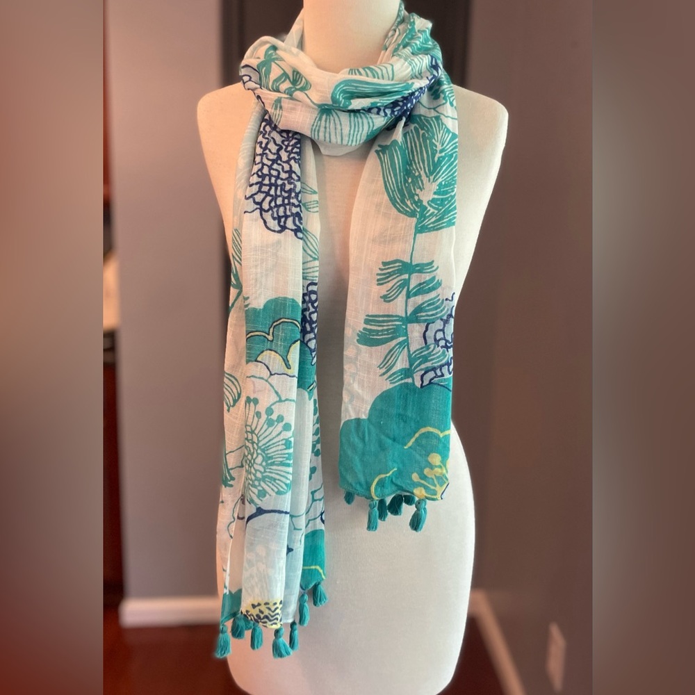 Beautiful Teal, White & Navy Floral Summer Women’s Scarf with Fringe